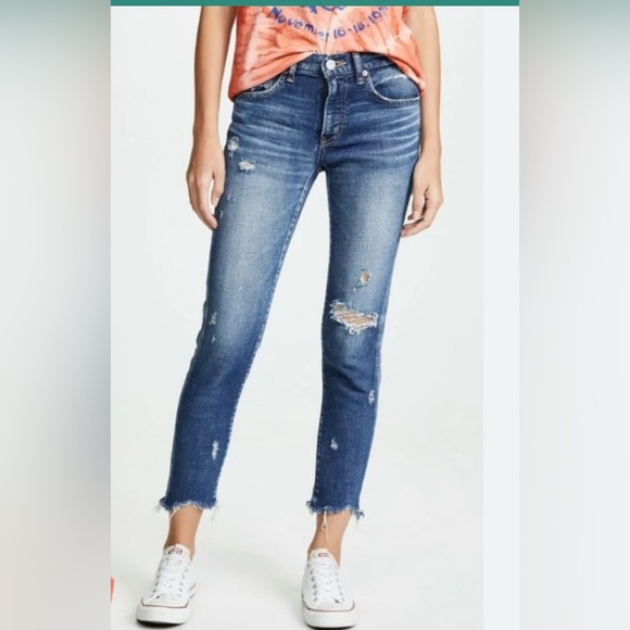 Moussy Vintage Glendale Mid Rise Distressed Tapered Cropped Jeans Blue Denim 28 - Picture 2 of 9